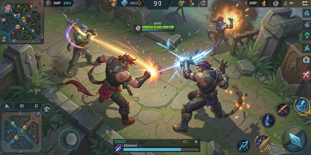 Screenshot permainan 99RP menampilkan pertarungan seru antara dua tim hero.