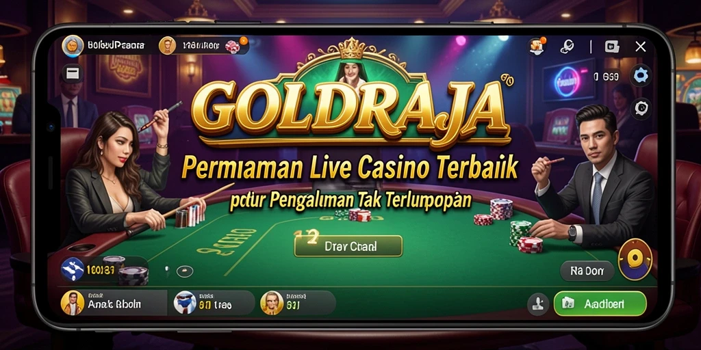 Screenshot gameplay seru dari GOLDRAJA, menampilkan dealer langsung dan interaksi pemain.