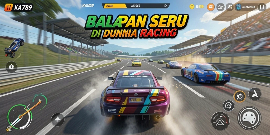 Tangkapan layar KA789 menampilkan aksi balapan mendebarkan dengan mobil yang melaju kencang.