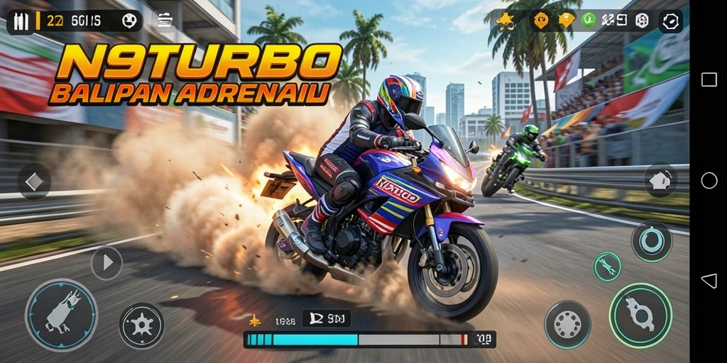 Tampilan gameplay seru di N9TURBO dengan balapan motor cepat.