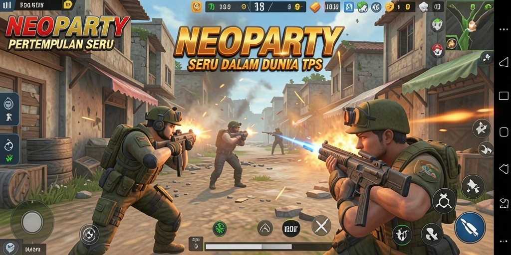 Tampilan seru gameplay NEOPARTY dalam aksi TPS.