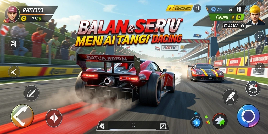 Screenshot gameplay <strong>RATU303</strong> menampilkan aksi balapan yang intens dan mendebarkan.